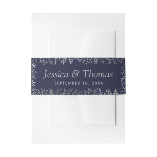 Elegant Navy  Silver Floral Wedding Collection Invitation Belly Band