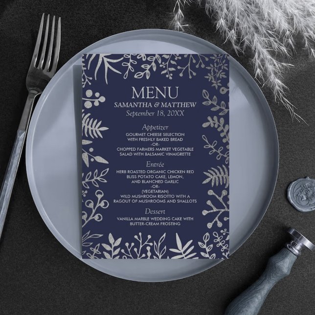 Elegant Navy & Silver Floral Wedding Collection Menu (Creator Uploaded)