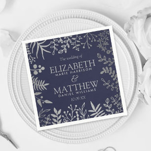 Elegant Navy & Silver Floral Wedding Collection Napkins