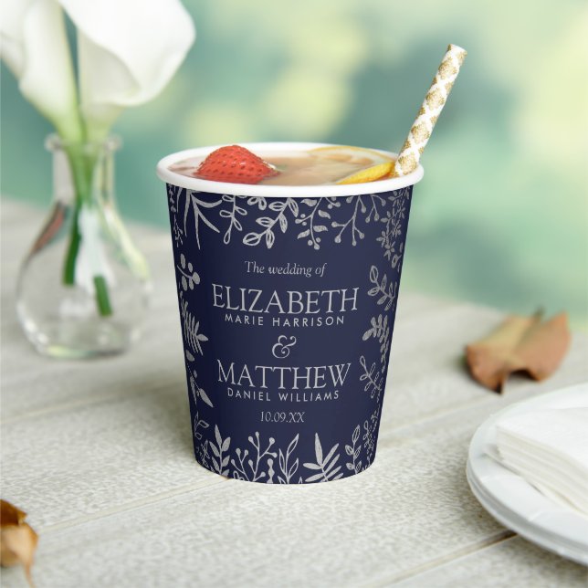 Elegant Navy & Silver Floral Wedding Collection Paper Cups (Insitu)