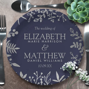 Elegant Navy & Silver Floral Wedding Collection Paper Plates