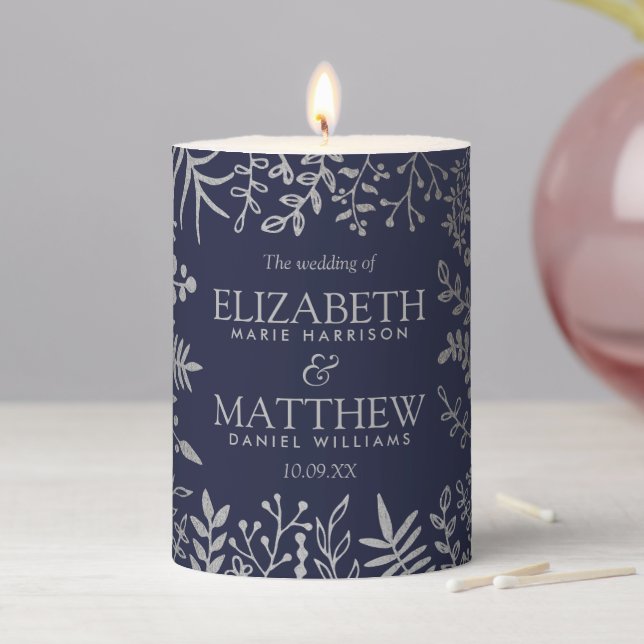 Elegant Navy & Silver Floral Wedding Collection Pillar Candle (In Situ)