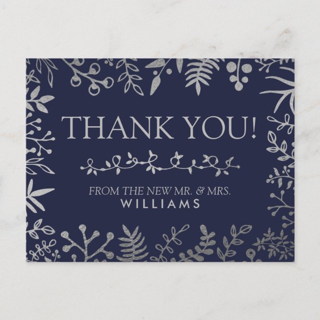 Elegant Navy & Silver Floral Wedding Collection Postcard (Front)