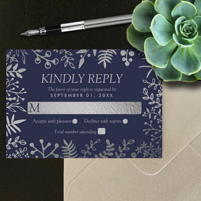 Elegant Navy & Silver Floral Wedding Collection RSVP Card (Creator Uploaded)