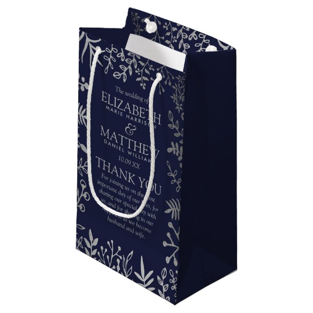 Elegant Navy & Silver Floral Wedding Collection Small Gift Bag (Front Angled)