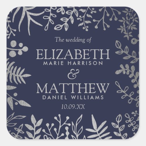 Elegant Navy  Silver Floral Wedding Collection Square Sticker