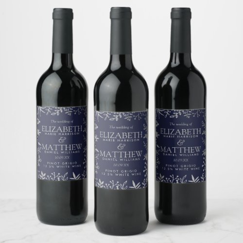 Elegant Navy  Silver Floral Wedding Collection Wine Label