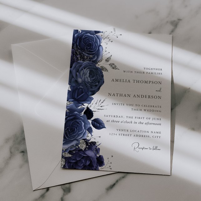 Elegant Navy Silver Floral Wedding Invitation (Creator Uploaded)