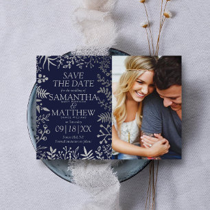 Elegant Navy & Silver Floral Wedding Photo Save The Date