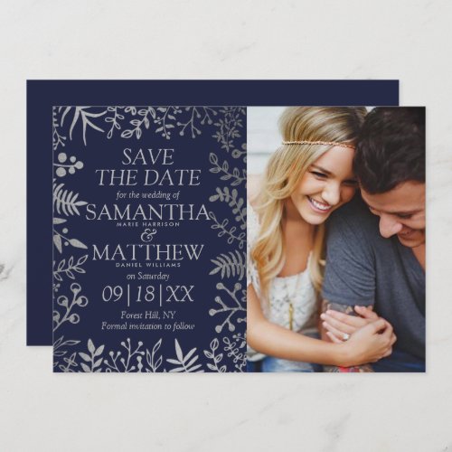 Elegant Navy  Silver Floral Wedding Photo Save The Date