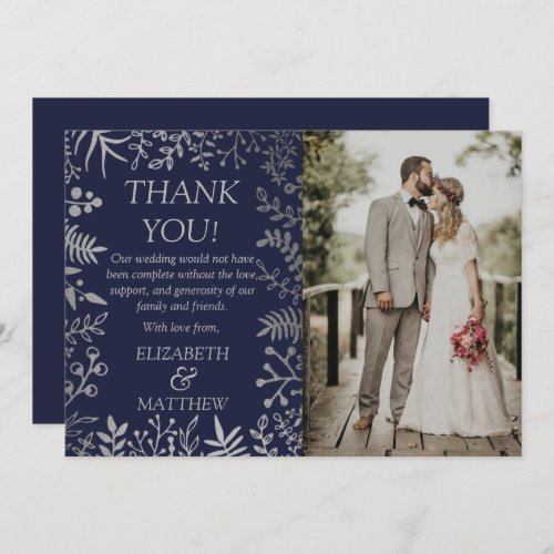 Elegant Navy  Silver Floral Wedding Photo Thank You Card