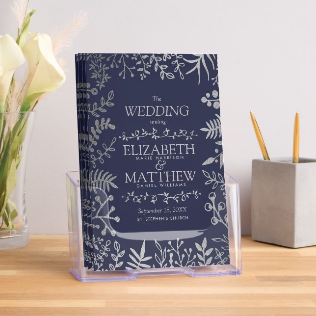 Elegant Navy & Silver Floral Wedding Program Brochure (Insitu)