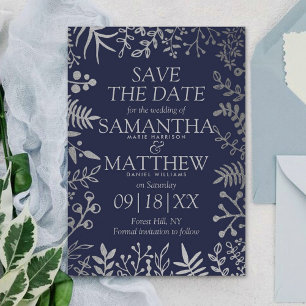 Elegant Navy & Silver Floral Wedding Save The Date