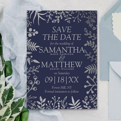 Elegant Navy  Silver Floral Wedding Save The Date