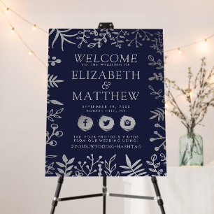 Elegant Navy & Silver Floral Wedding Welcome Foam Board