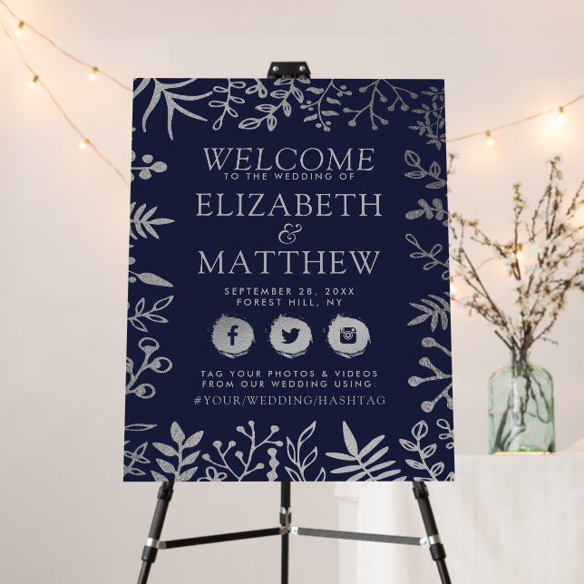Elegant Navy & Silver Floral Wedding Welcome Foam Board (In Situ (Stand))