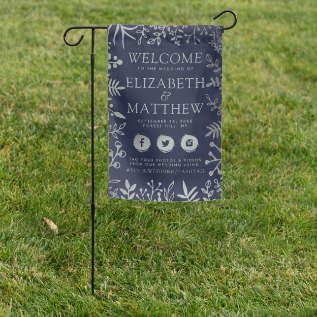 Elegant Navy & Silver Floral Wedding Welcome Garden Flag (In SItu)