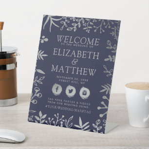 Elegant Navy & Silver Floral Wedding Welcome Pedestal Sign