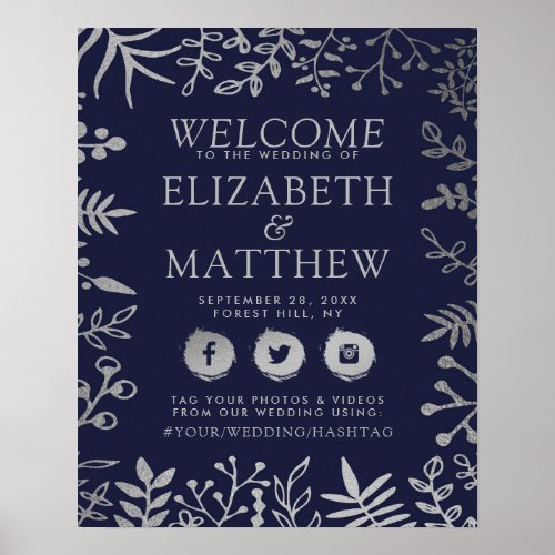 Elegant Navy  Silver Floral Wedding Welcome Poster