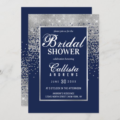 Elegant Navy Silver Glitter Confetti Bridal Shower Invitation