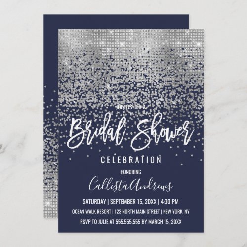 Elegant Navy Silver Glitter Confetti Bridal Shower Invitation