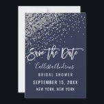 Elegant Navy Silver Glitter Confetti Bridal Shower Save The Date<br><div class="desc">This chic and glamorous Bridal Shower Save the Date is a trendy and fashionable design featuring a faux printed girly sparkly silver glitter sequin, abstract confetti ombre gradient on top of a navy blue background. It's perfect for the modern and elegant bride with its simple pretty print and artsy white...</div>