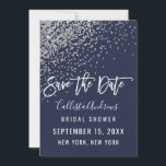 Elegant Navy Silver Glitter Confetti Bridal Shower Save The Date<br><div class="desc">This chic and glamorous Bridal Shower Save the Date is a trendy and fashionable design featuring a faux printed girly sparkly silver glitter sequin, abstract confetti ombre gradient on top of a navy blue background. It's perfect for the modern and elegant bride with its simple pretty print and artsy white...</div>