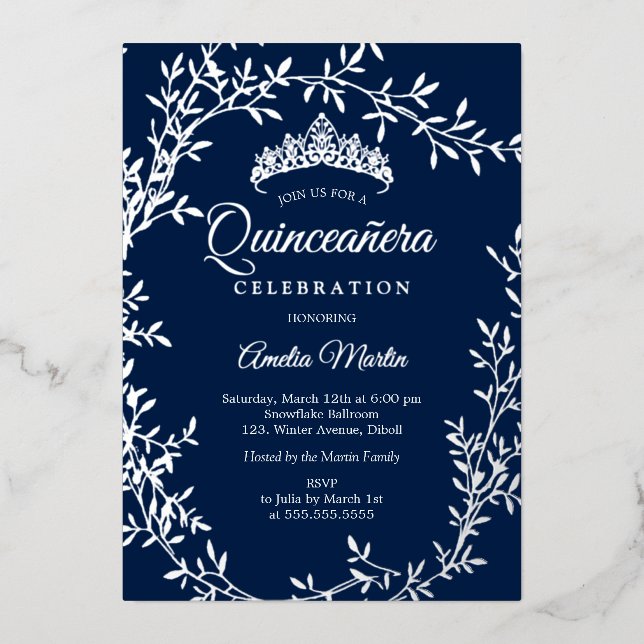 Elegant Navy Silver Leaf Wreath Quinceanera Foil Invitation (Front)