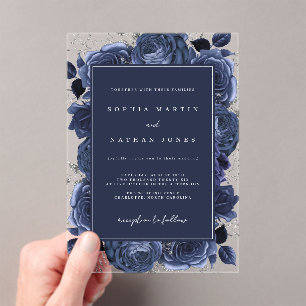 Elegant Navy Silver Rose Clear Wedding Acrylic Invitations