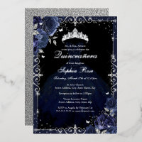 Elegant Navy Silver Rose Dress Quinceanera