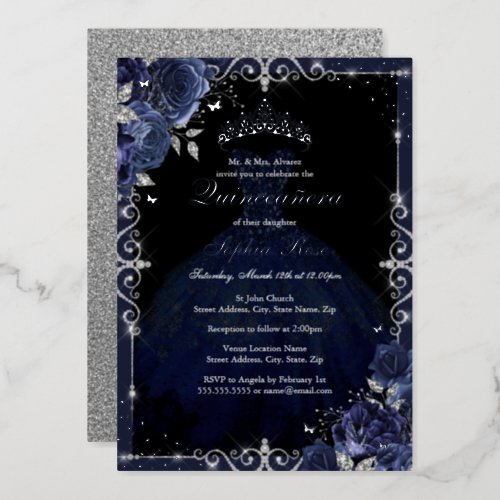 Elegant Navy Silver Rose Dress Quinceanera Foil Invitation