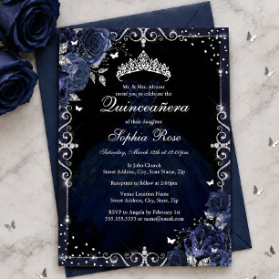 Elegant Navy Silver Rose Dress Quinceanera Foil Invitation