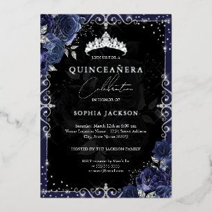 Elegant Navy Silver Rose Quinceanera Foil Invitation