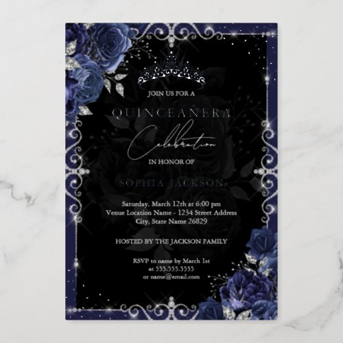 Elegant Navy Silver Rose Quinceanera Foil Invitation