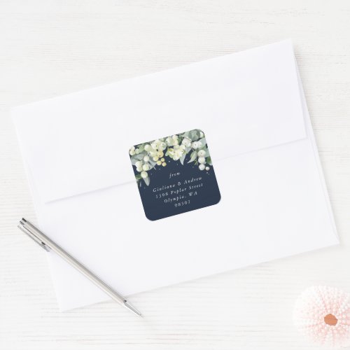 Elegant Navy SnowberryEucalyptus Address Classic Square Sticker