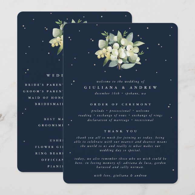 Elegant Navy Snowberry+Eucalyptus Bouquet Wedding Program (Front/Back)