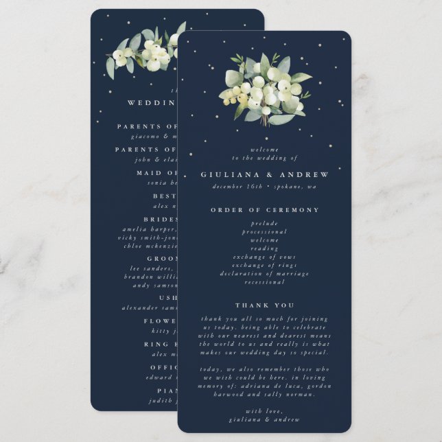 Elegant Navy Snowberry+Eucalyptus Bouquet Wedding Program (Front/Back)