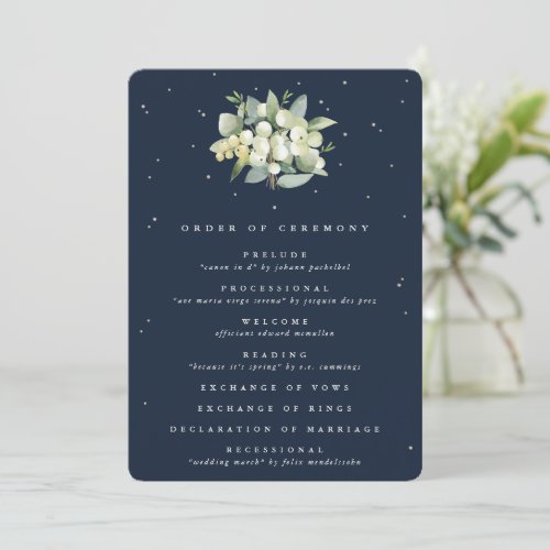 Elegant Navy SnowberryEucalyptus Bouquet Wedding Program