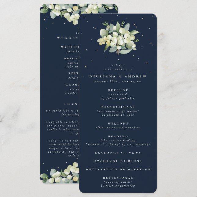 Elegant Navy Snowberry+Eucalyptus Bouquet Wedding Program (Front/Back)