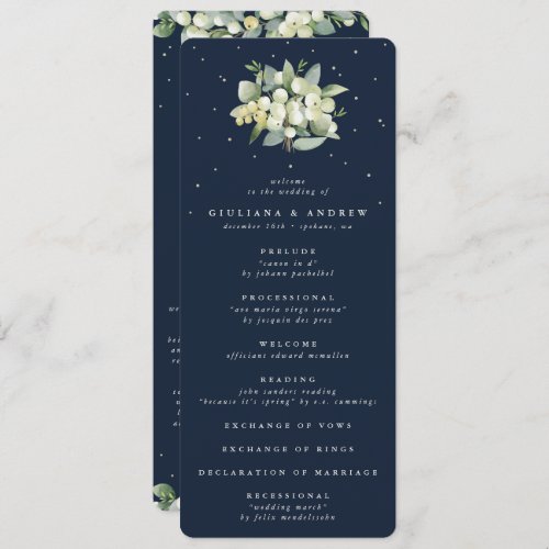 Elegant Navy SnowberryEucalyptus Bouquet Wedding Program