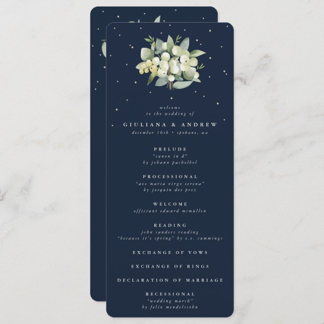 Elegant Navy Snowberry+Eucalyptus Bouquet Wedding Program (Front/Back)