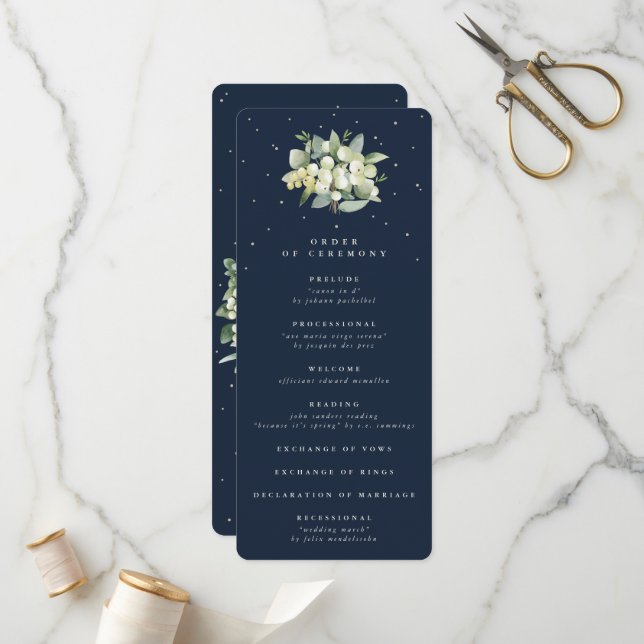 Elegant Navy Snowberry+Eucalyptus Bouquet Wedding Program (Front/Back In Situ)