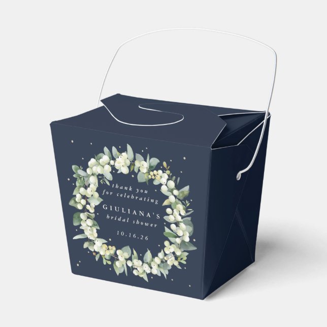 Elegant Navy Snowberry+Eucalyptus Bridal Shower Favor Boxes (Front Side)