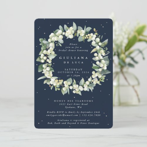 Elegant Navy SnowberryEucalyptus Bridal Shower Invitation
