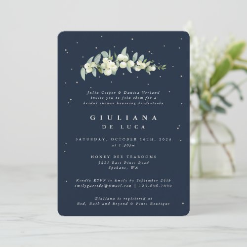 Elegant Navy SnowberryEucalyptus Bridal Shower Invitation