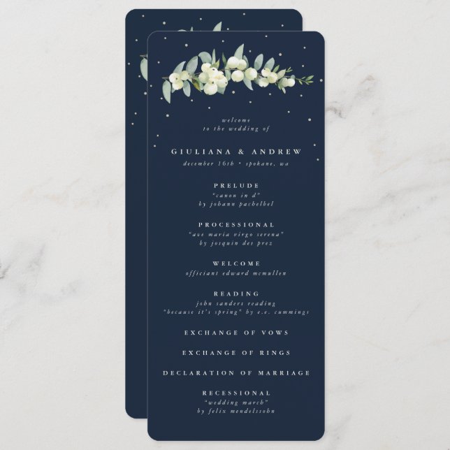 Elegant Navy Snowberry+Eucalyptus Stem Wedding Program (Front/Back)