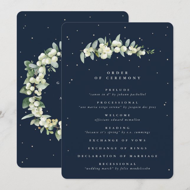 Elegant Navy Snowberry+Eucalyptus Stem Wedding Program (Front/Back)