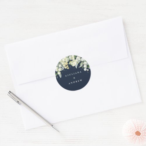 Elegant Navy SnowberryEucalyptus Wedding Classic Round Sticker