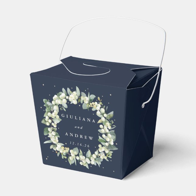Elegant Navy Snowberry+Eucalyptus Winter Wedding Favor Boxes (Front Side)