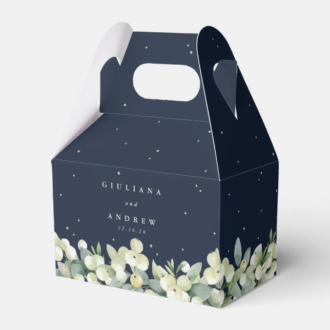 Elegant Navy Snowberry+Eucalyptus Winter Wedding Favor Boxes (Front Side)